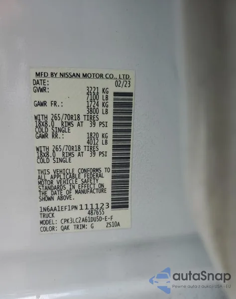 2023 Nissan Titan Sv from USA, damaged, VIN 1N6AA1EF1PN111123